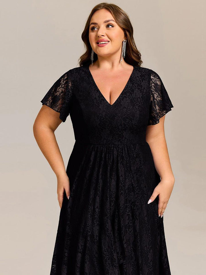 pretty PALOMA|Plus Size Lace Lotus Leaf Ruffles Sleeve Midi Wedding Guest Dress