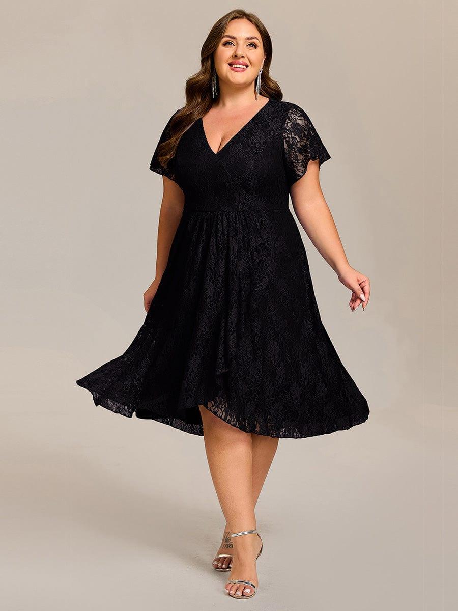 pretty PALOMA|Plus Size Lace Lotus Leaf Ruffles Sleeve Midi Wedding Guest Dress