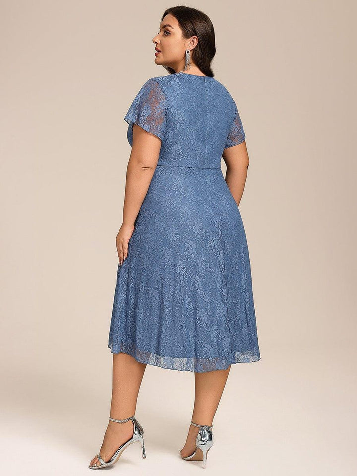 pretty PALOMA|Plus Size Lace Lotus Leaf Ruffles Sleeve Midi Wedding Guest Dress