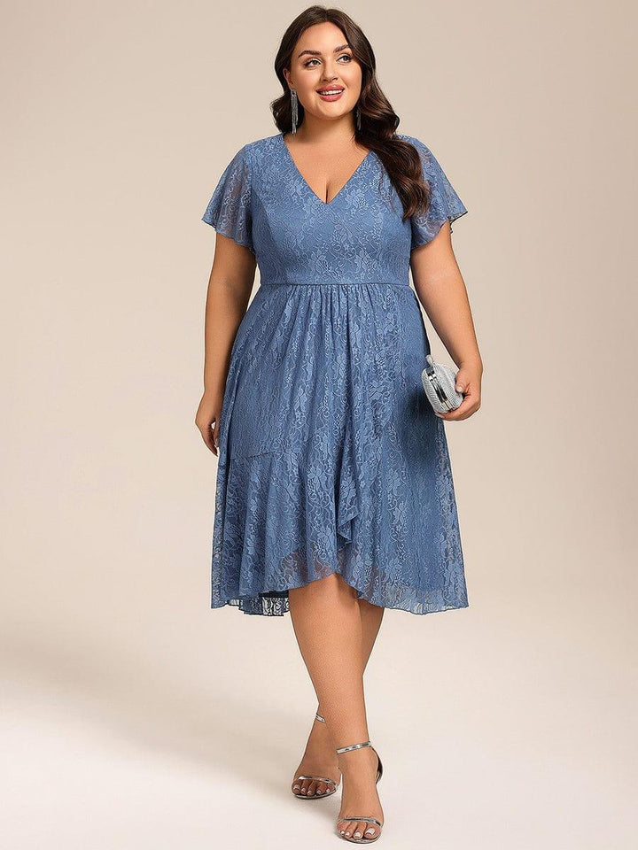 pretty PALOMA|Plus Size Lace Lotus Leaf Ruffles Sleeve Midi Wedding Guest Dress