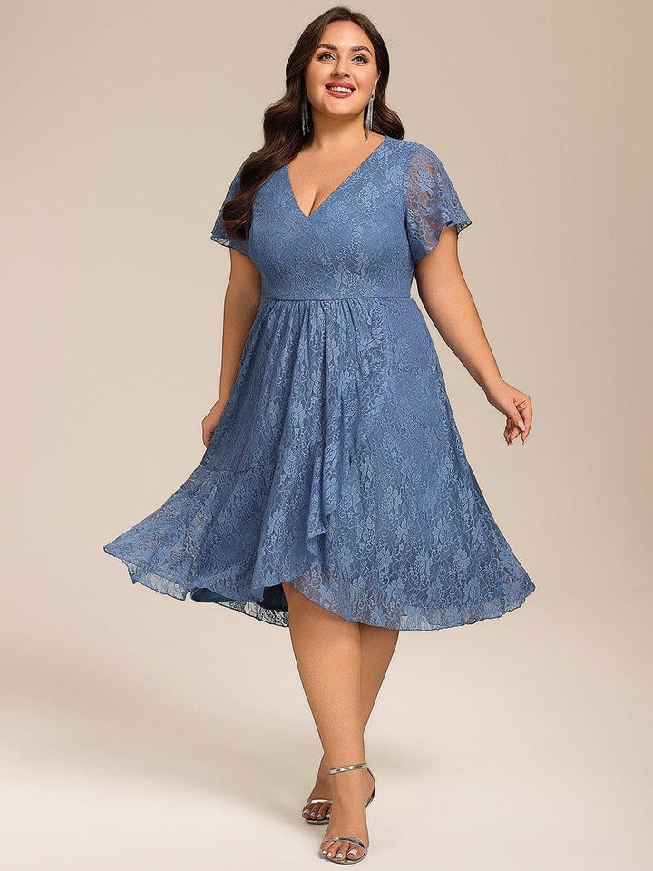 pretty PALOMA|Plus Size Lace Lotus Leaf Ruffles Sleeve Midi Wedding Guest Dress
