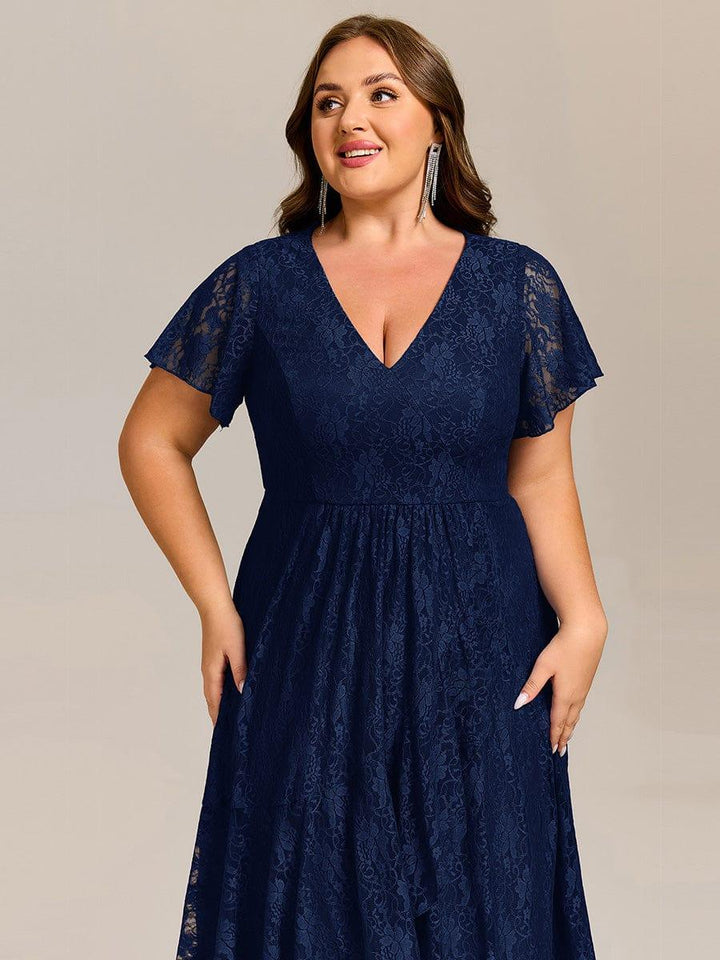 pretty PALOMA|Plus Size Lace Lotus Leaf Ruffles Sleeve Midi Wedding Guest Dress
