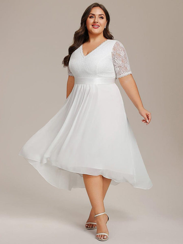 pretty JOLEN|Plus Size Half Sleeve V Neck Midi Wedding Guest Dress With Lace