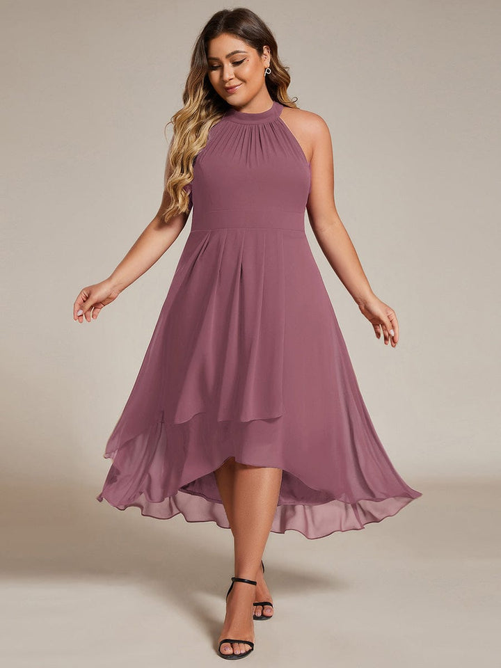 pretty POSIE|Plus Size Chiffon Sleeveless Halter Neck Midi Wedding Guest Dress