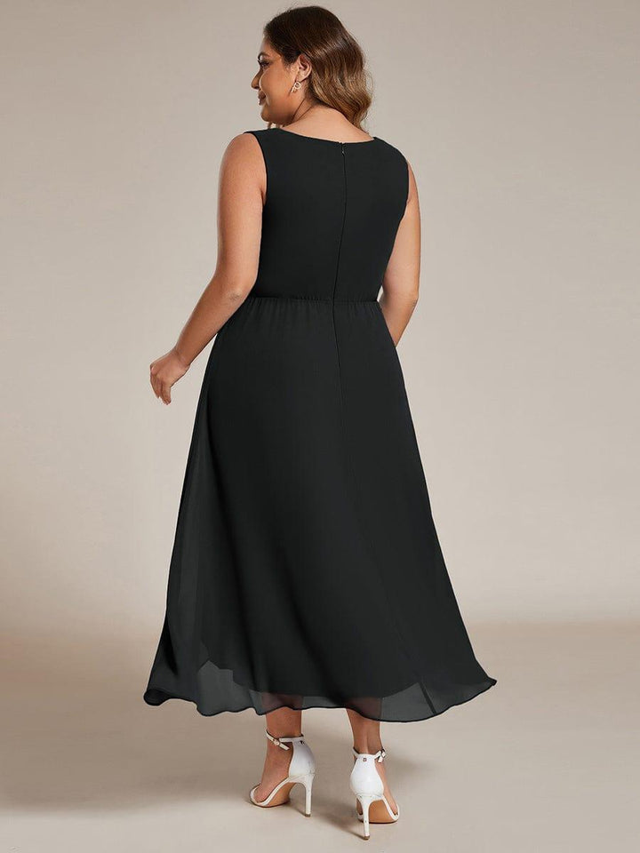 pretty IRYS|Plus Size Sleeveless Chiffon High-Low Wedding Guest Dress with Waist Applique