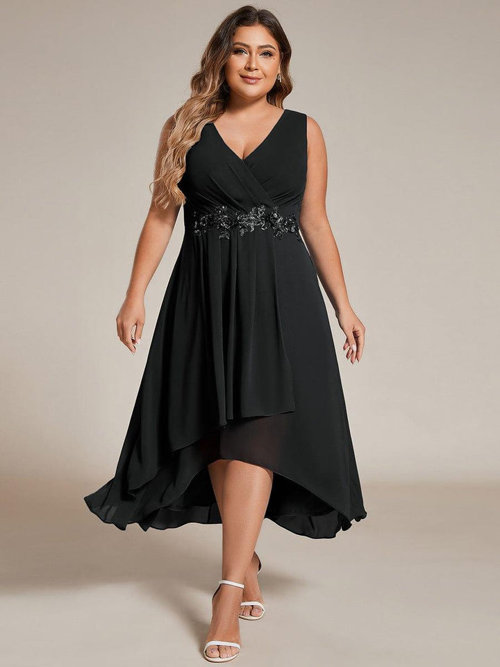 pretty IRYS|Plus Size Sleeveless Chiffon High-Low Wedding Guest Dress with Waist Applique