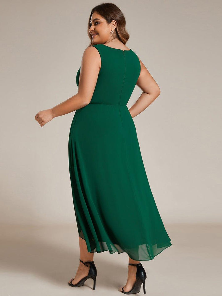 pretty IRYS|Plus Size Sleeveless Chiffon High-Low Wedding Guest Dress with Waist Applique