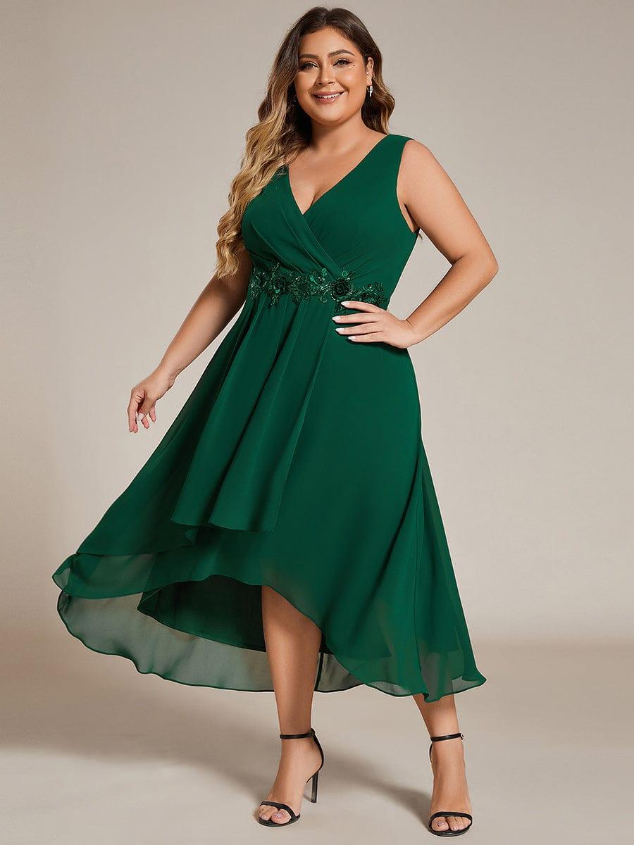 pretty IRYS|Plus Size Sleeveless Chiffon High-Low Wedding Guest Dress with Waist Applique