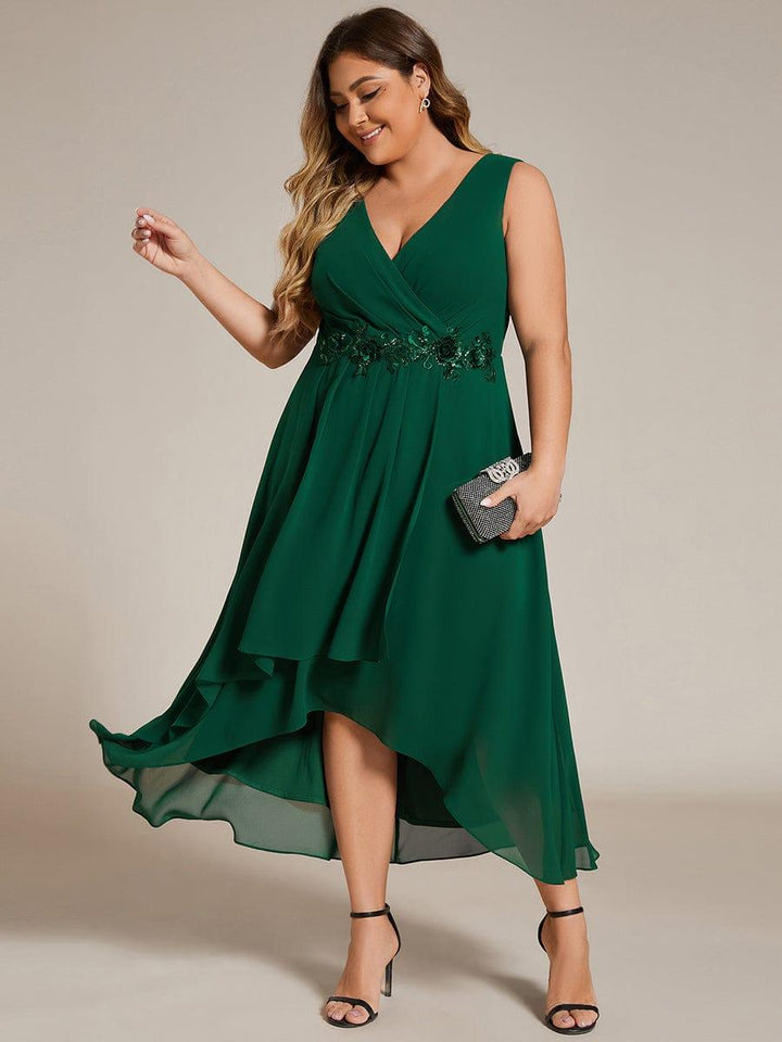 pretty IRYS|Plus Size Sleeveless Chiffon High-Low Wedding Guest Dress with Waist Applique