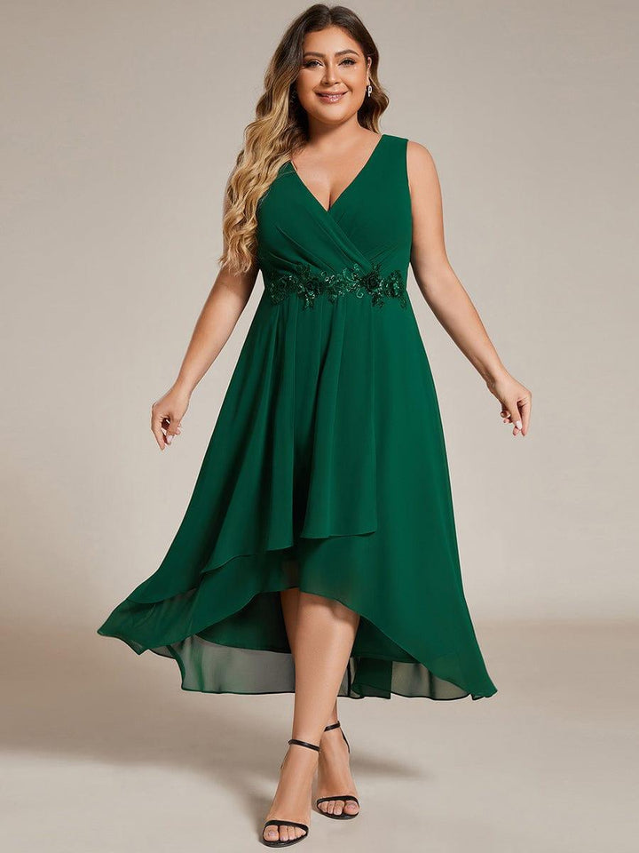 pretty IRYS|Plus Size Sleeveless Chiffon High-Low Wedding Guest Dress with Waist Applique
