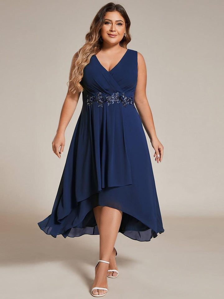 pretty IRYS|Plus Size Sleeveless Chiffon High-Low Wedding Guest Dress with Waist Applique