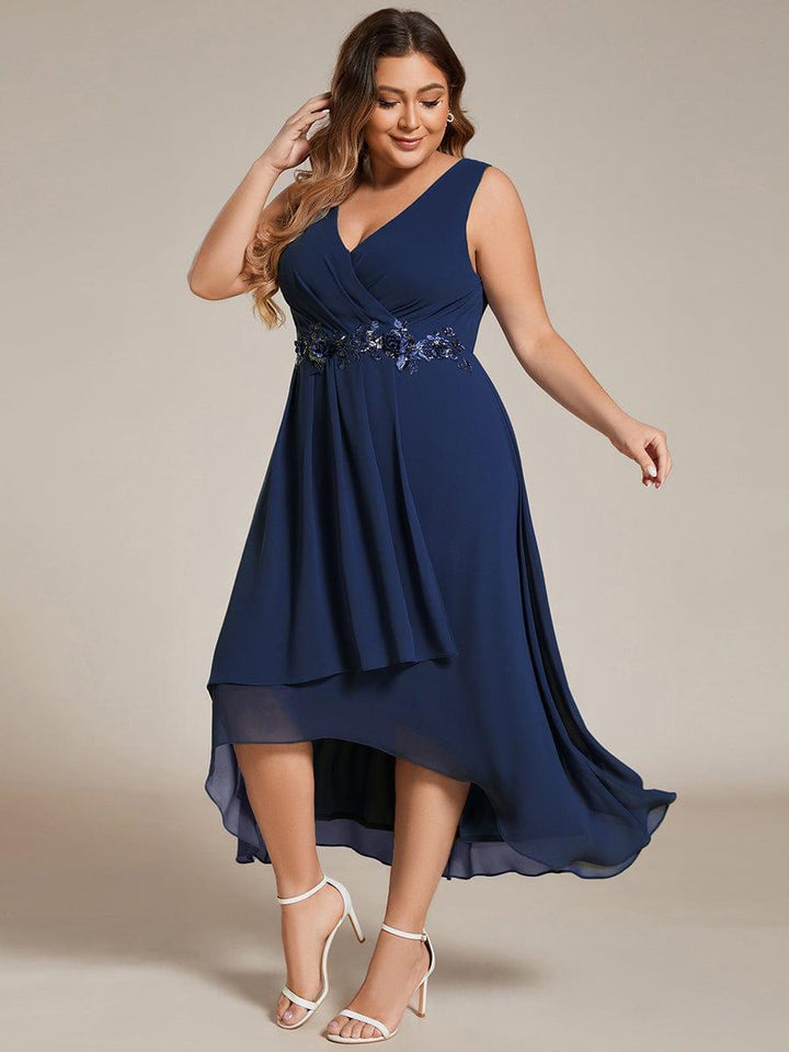 pretty IRYS|Plus Size Sleeveless Chiffon High-Low Wedding Guest Dress with Waist Applique