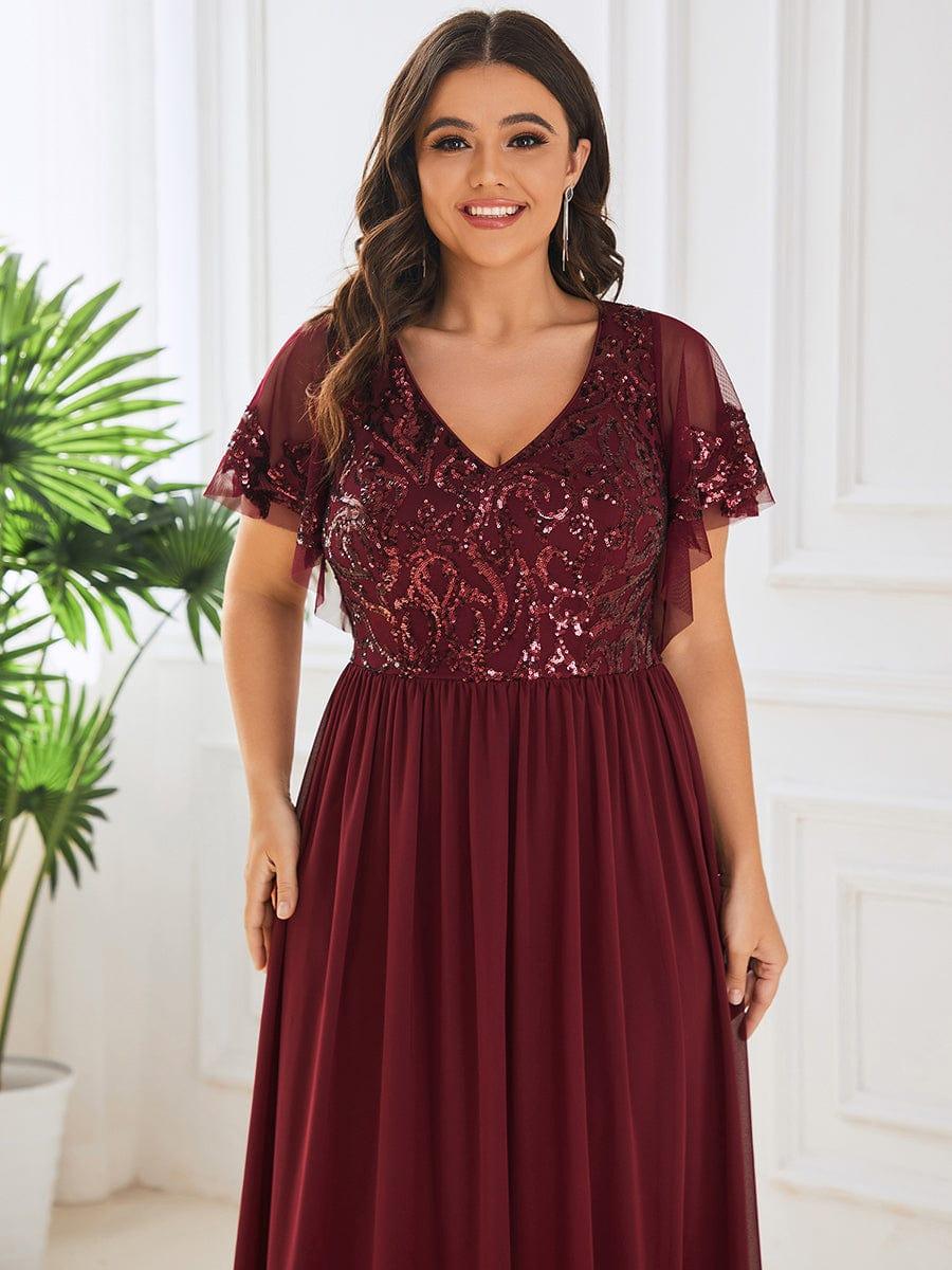 pretty HAZEL|Plus Size V-Neck Short Sleeve Sequin Bodice Mother of the Bride Dress