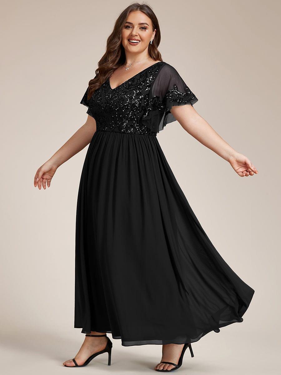 pretty HAZEL|Plus Size V-Neck Short Sleeve Sequin Bodice Mother of the Bride Dress