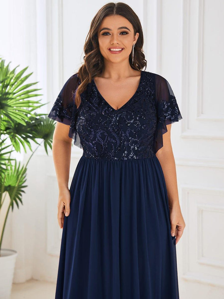 pretty HAZEL|Plus Size V-Neck Short Sleeve Sequin Bodice Mother of the Bride Dress