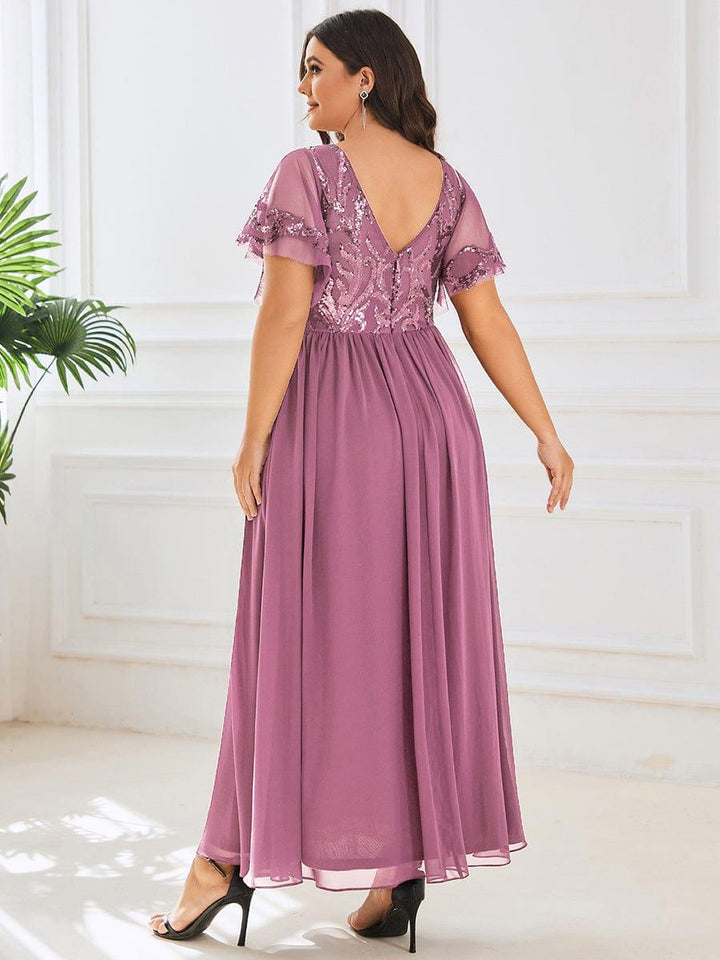 pretty HAZEL|Plus Size V-Neck Short Sleeve Sequin Bodice Mother of the Bride Dress