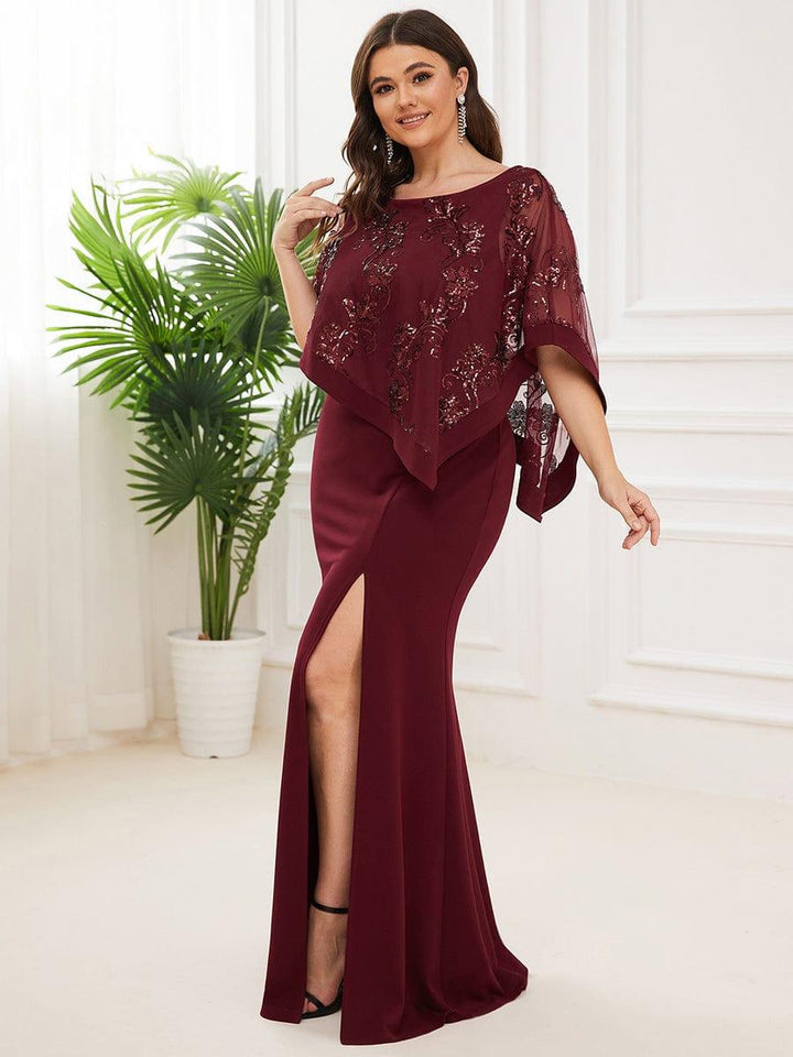 pretty CELINE|Plus Size Asymmetrical Cape Sequin Mother of the Bride Dress