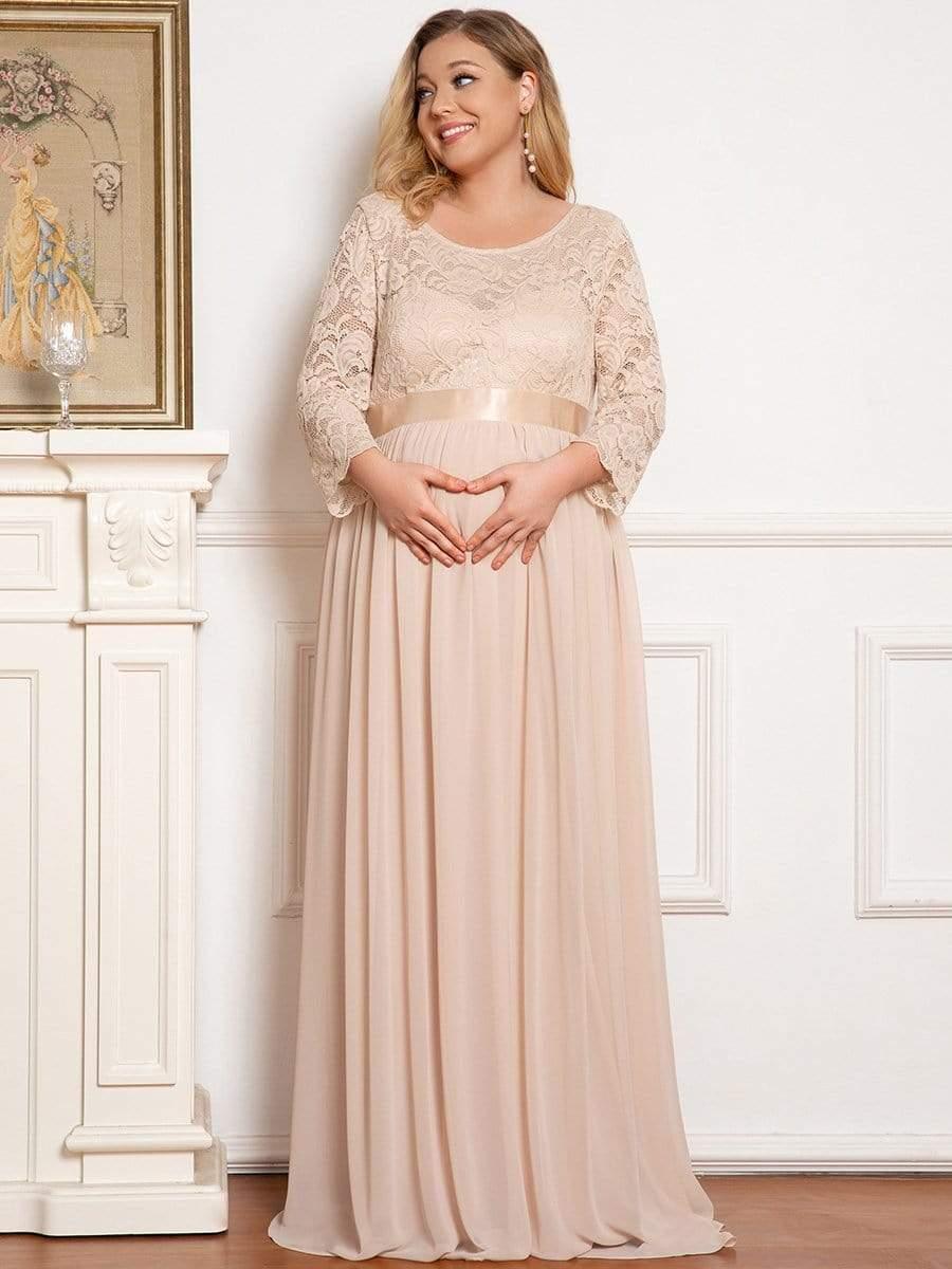 pretty KALANI|3/4 Sleeve Lace Floor Length Plus Size Maternity Dress