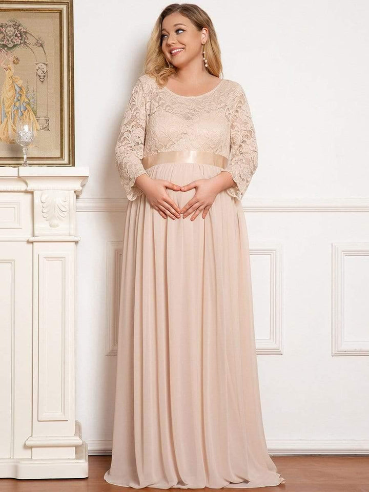 pretty KALANI|3/4 Sleeve Lace Floor Length Plus Size Maternity Dress