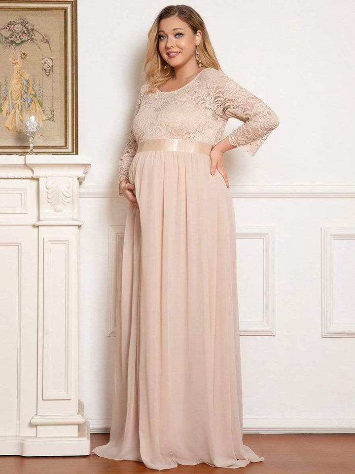 pretty KALANI|3/4 Sleeve Lace Floor Length Plus Size Maternity Dress