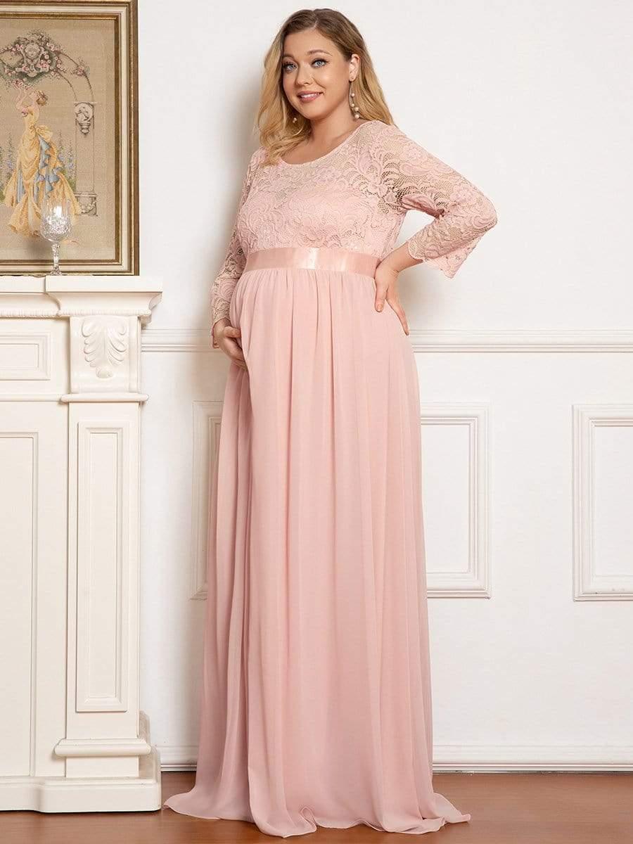 pretty KALANI|3/4 Sleeve Lace Floor Length Plus Size Maternity Dress