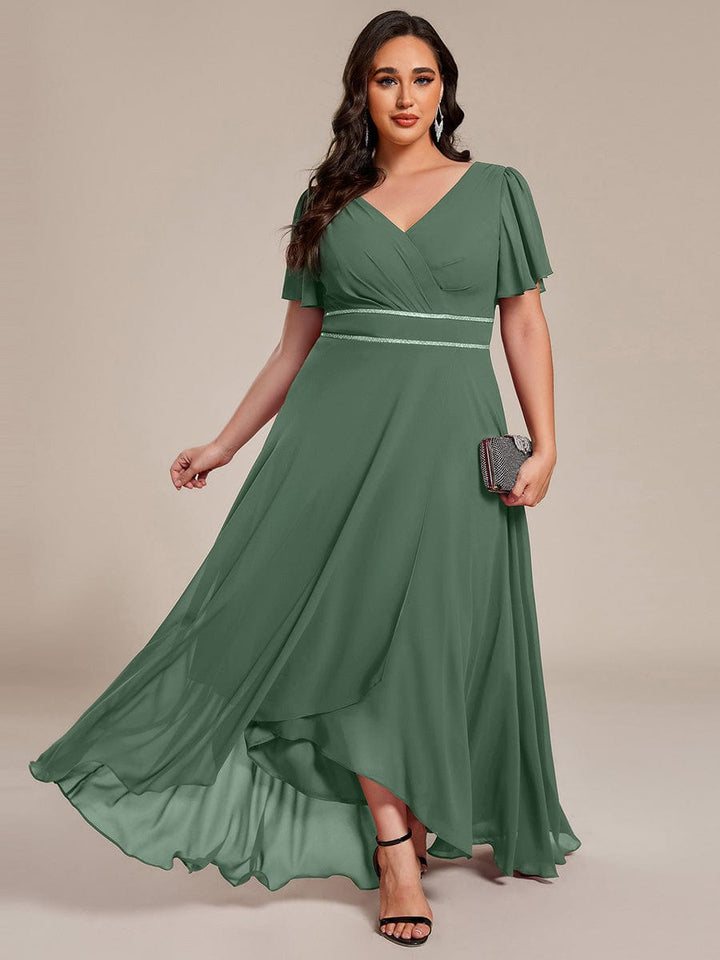 ever DAKOTA|Plus Size Chiffon Ruffle Sleeves Rhinestone Waist High-Low Wedding Guest Dress