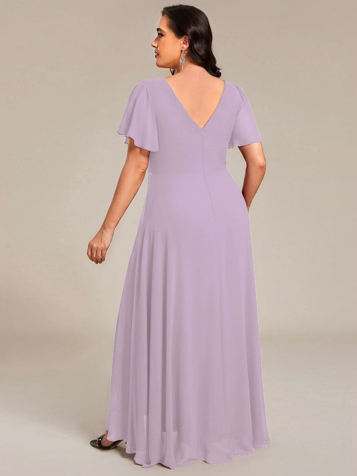 ever DAKOTA|Plus Size Chiffon Ruffle Sleeves Rhinestone Waist High-Low Wedding Guest Dress