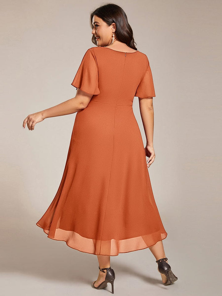 pretty LARK|Plus Size Chiffon Short Sleeve High-Low Wedding Guest Dress