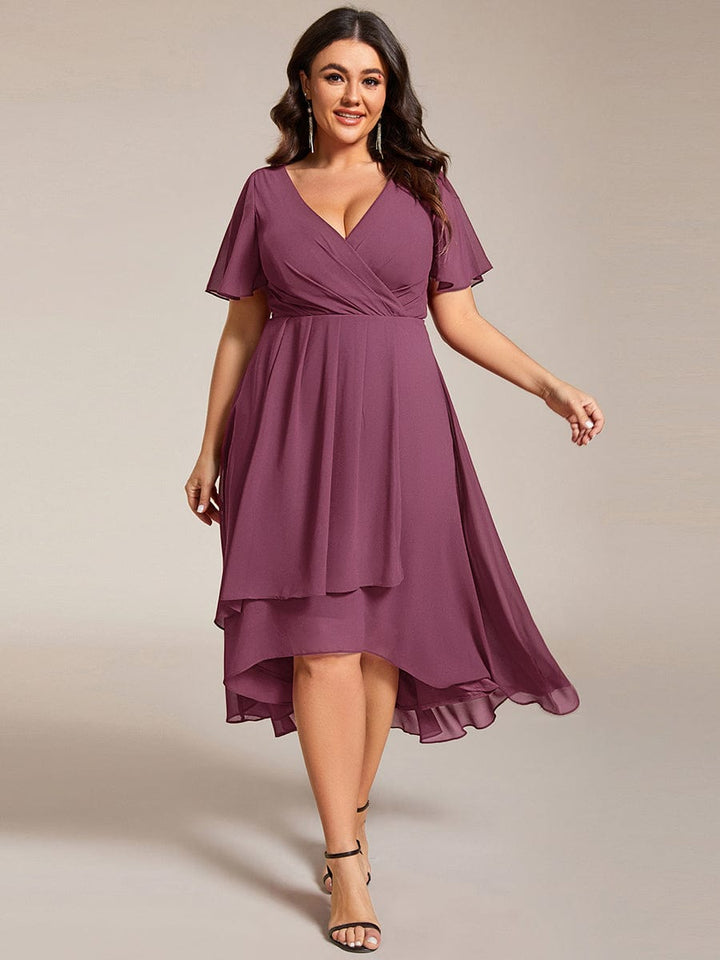 pretty LARK|Plus Size Chiffon Short Sleeve High-Low Wedding Guest Dress