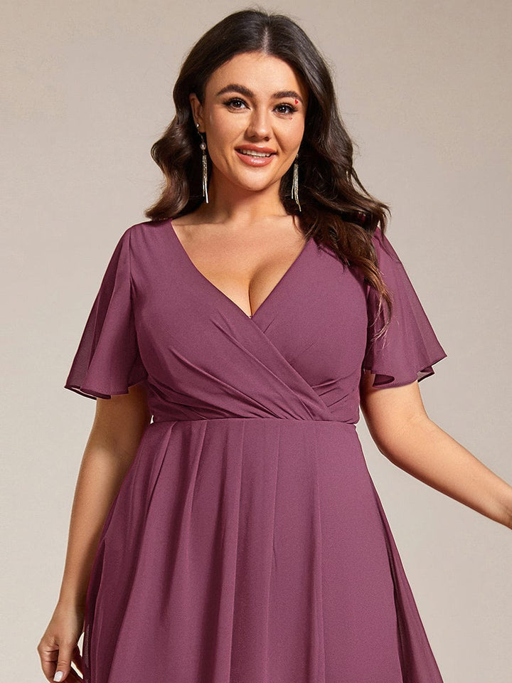 pretty LARK|Plus Size Chiffon Short Sleeve High-Low Wedding Guest Dress