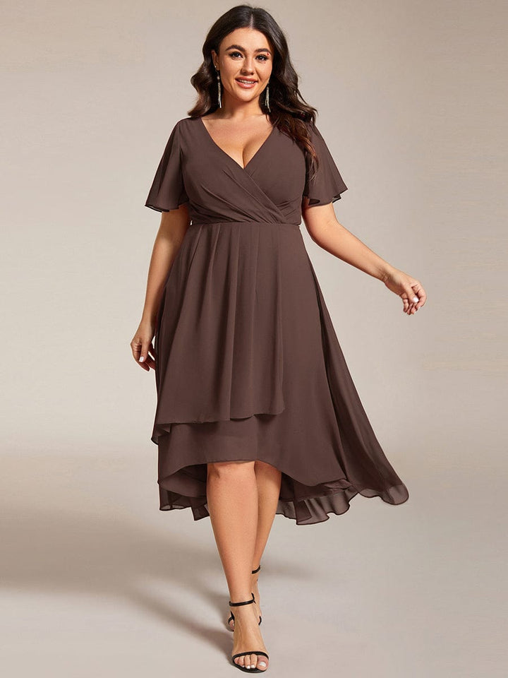 pretty LARK|Plus Size Chiffon Short Sleeve High-Low Wedding Guest Dress