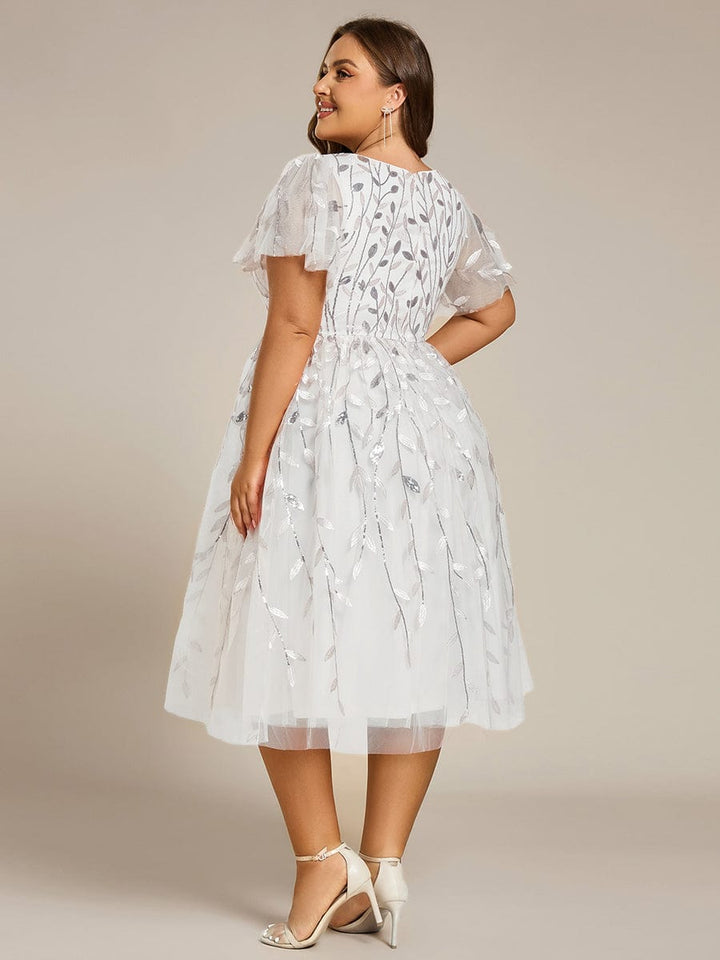 pretty SIMONE|Plus Size Leaf Sequin Tulle Midi Wedding Guest Dress