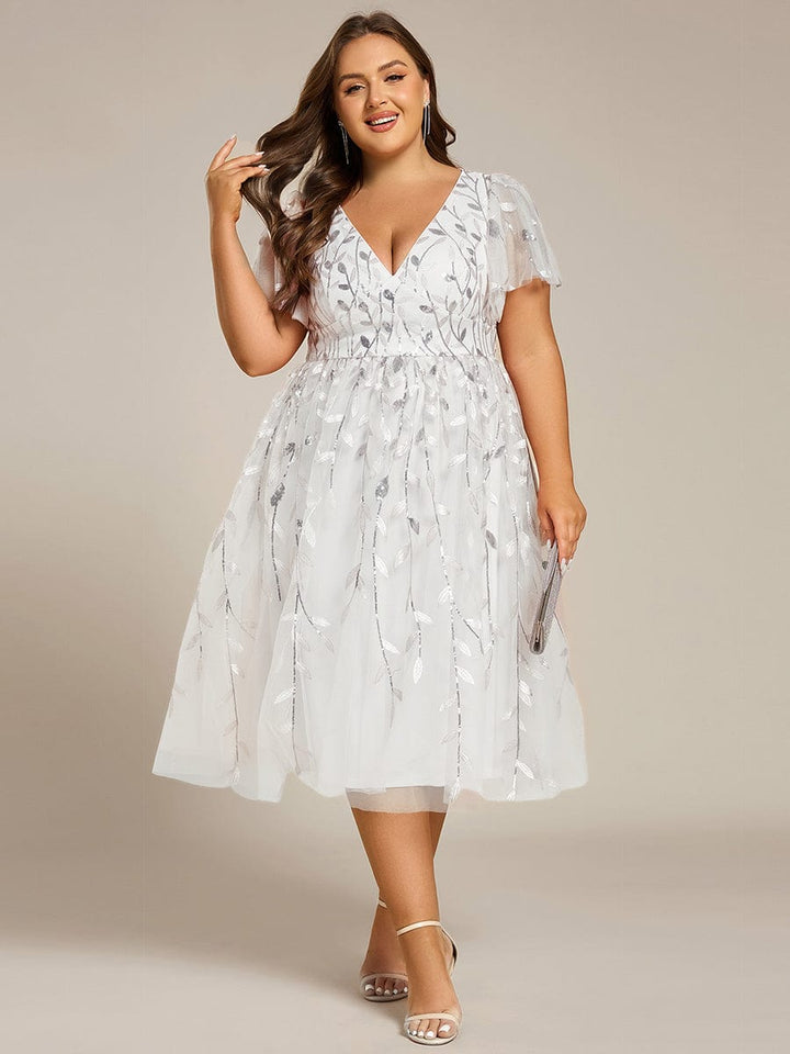 pretty SIMONE|Plus Size Leaf Sequin Tulle Midi Wedding Guest Dress
