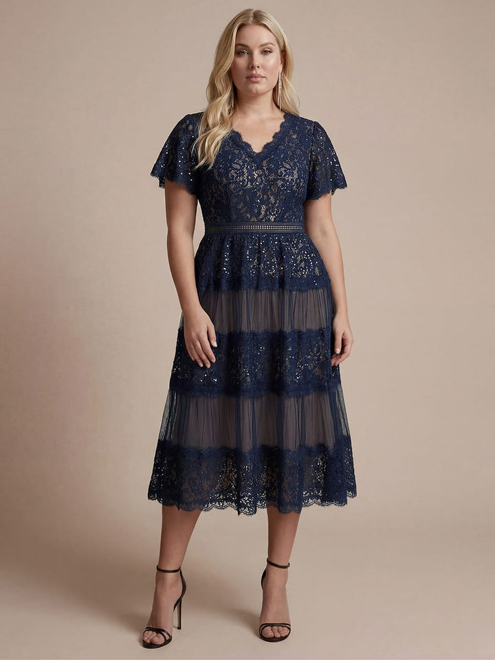 Plus Size Lace Ruffle Sleeve A-line Dress