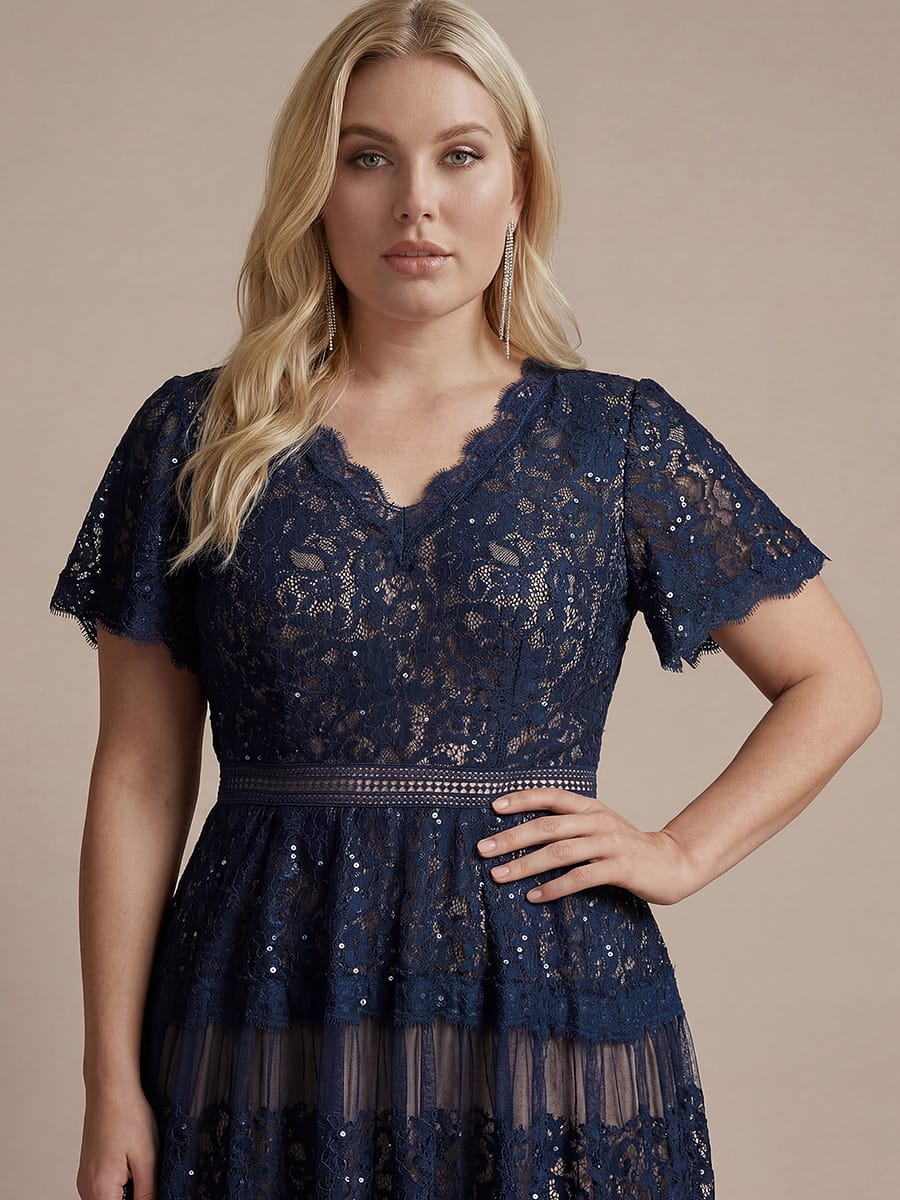 Plus Size Lace Ruffle Sleeve A-line Dress