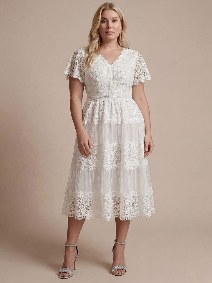 Plus Size Lace Ruffle Sleeve A-line Dress