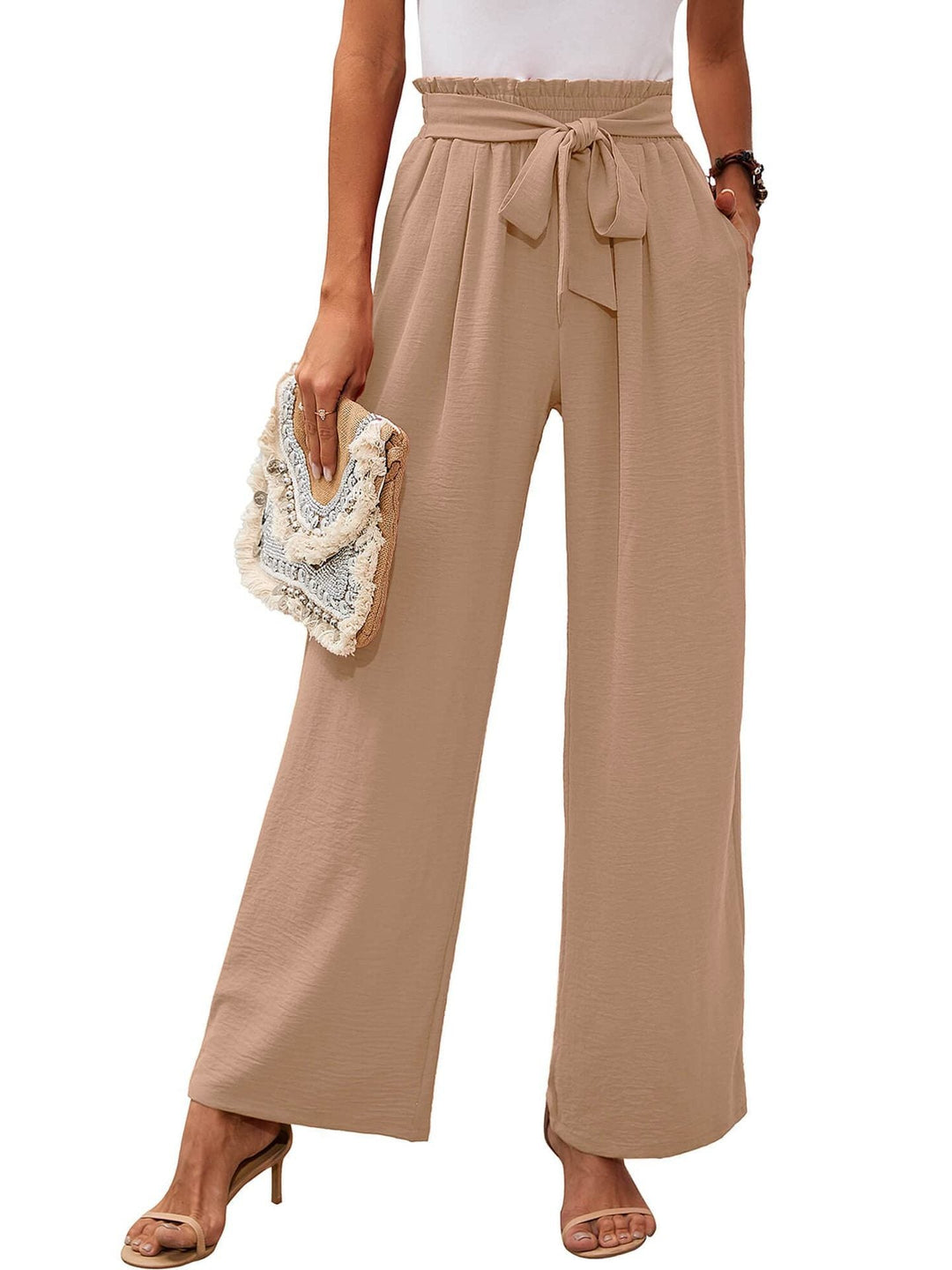 High Waist Wide Leg Pants Women Soft Tie Waist