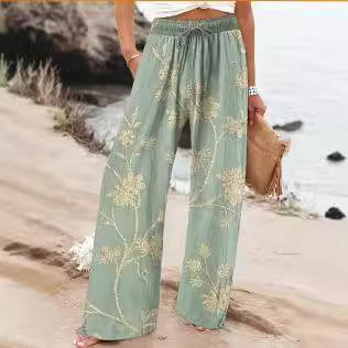 Floral Wide Leg Pants Lightweight High Waist Comfort