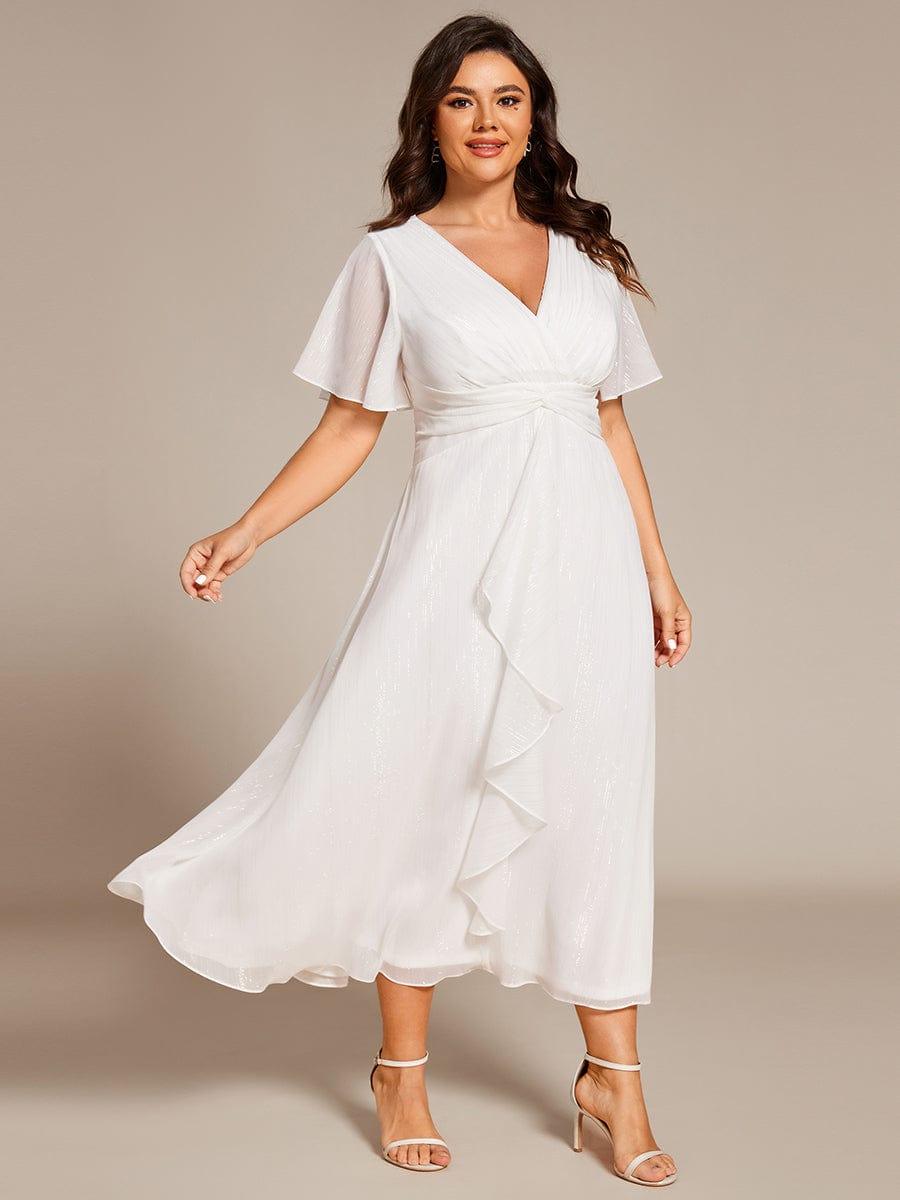 pretty OPAHL|Plus Size Glitter Short Sleeve A-Line Midi Wedding Guest Dress with Ruffled Hem