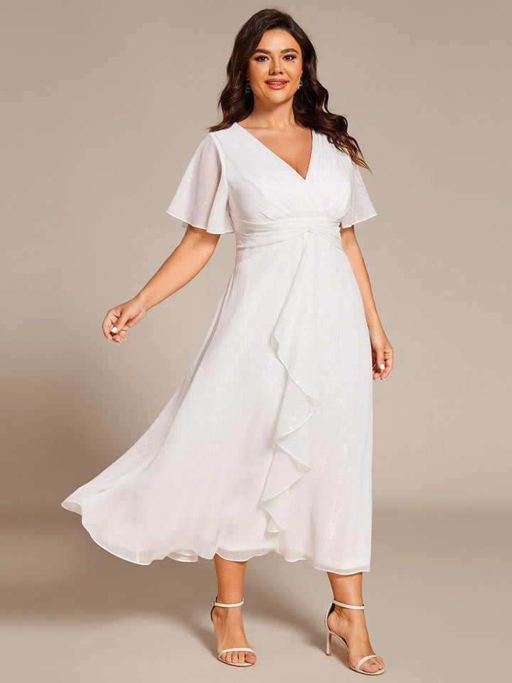 pretty OPAHL|Plus Size Glitter Short Sleeve A-Line Midi Wedding Guest Dress with Ruffled Hem