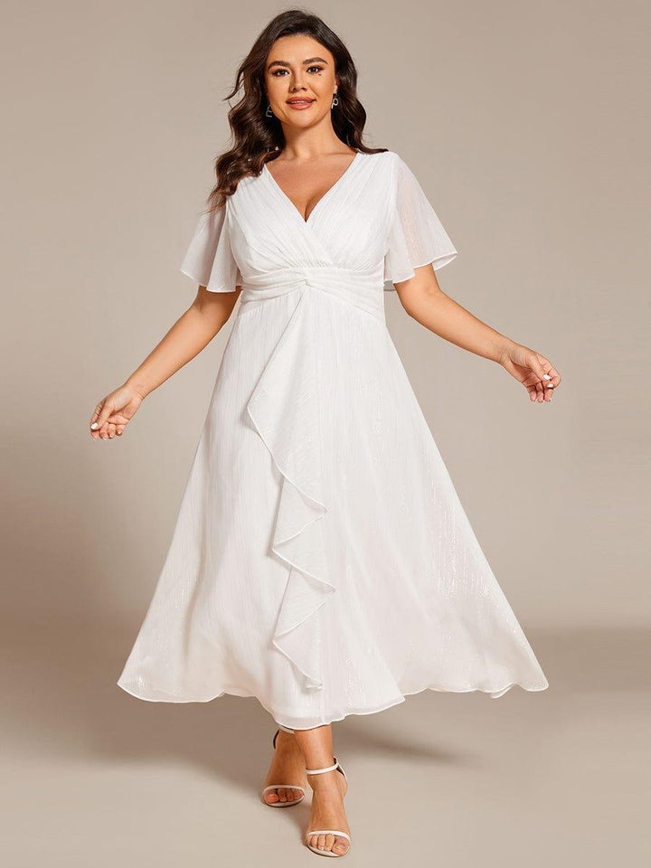 pretty OPAHL|Plus Size Glitter Short Sleeve A-Line Midi Wedding Guest Dress with Ruffled Hem