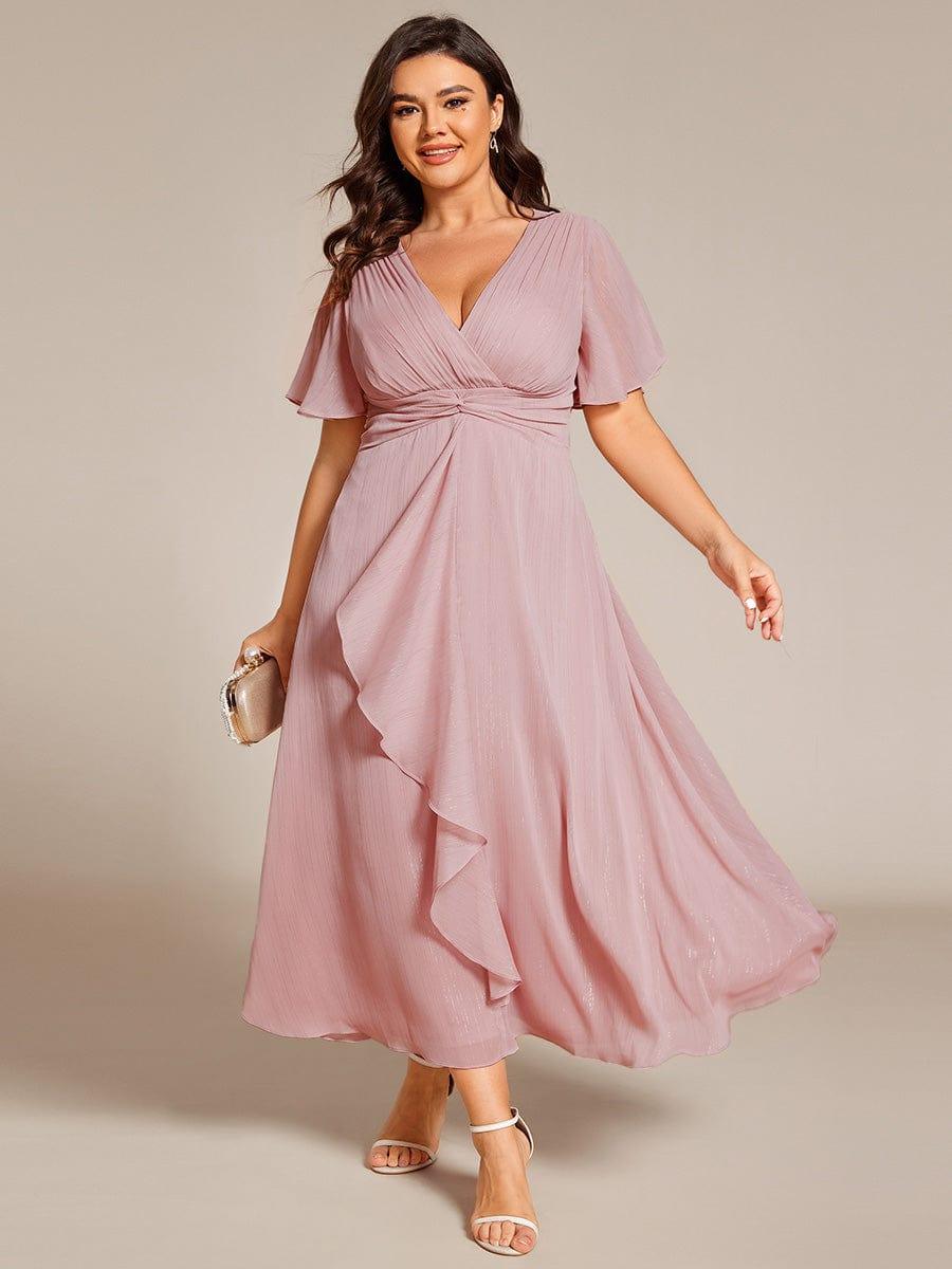 pretty OPAHL|Plus Size Glitter Short Sleeve A-Line Midi Wedding Guest Dress with Ruffled Hem