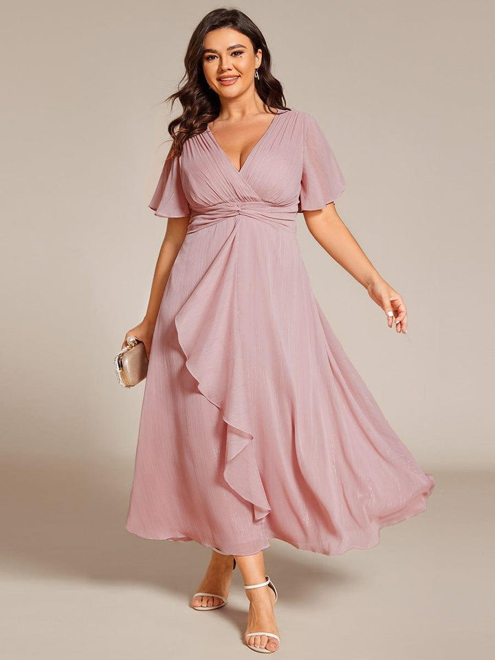 pretty OPAHL|Plus Size Glitter Short Sleeve A-Line Midi Wedding Guest Dress with Ruffled Hem