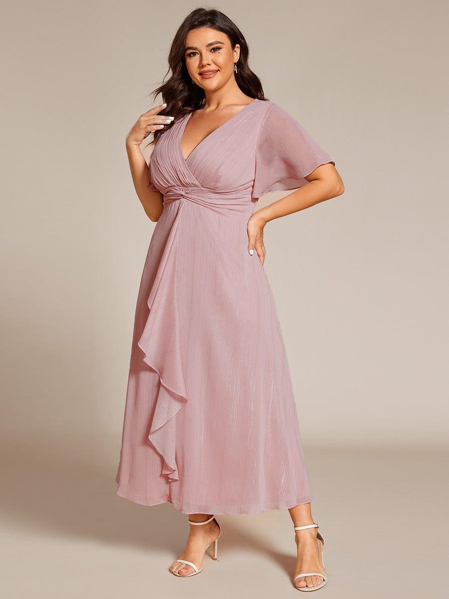 pretty OPAHL|Plus Size Glitter Short Sleeve A-Line Midi Wedding Guest Dress with Ruffled Hem