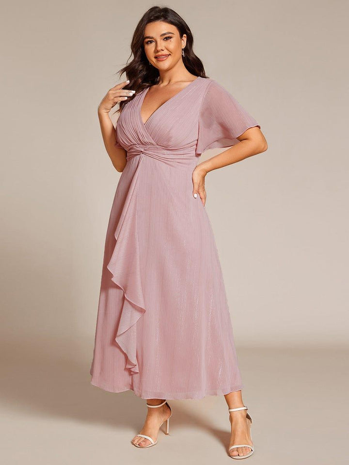 pretty OPAHL|Plus Size Glitter Short Sleeve A-Line Midi Wedding Guest Dress with Ruffled Hem