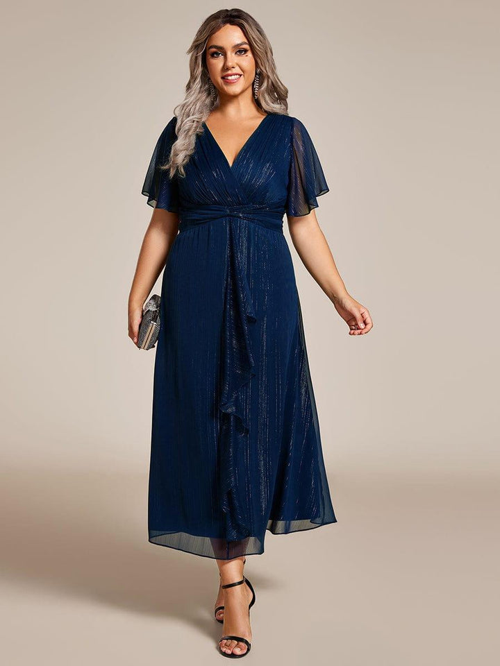 pretty OPAHL|Plus Size Glitter Short Sleeve A-Line Midi Wedding Guest Dress with Ruffled Hem