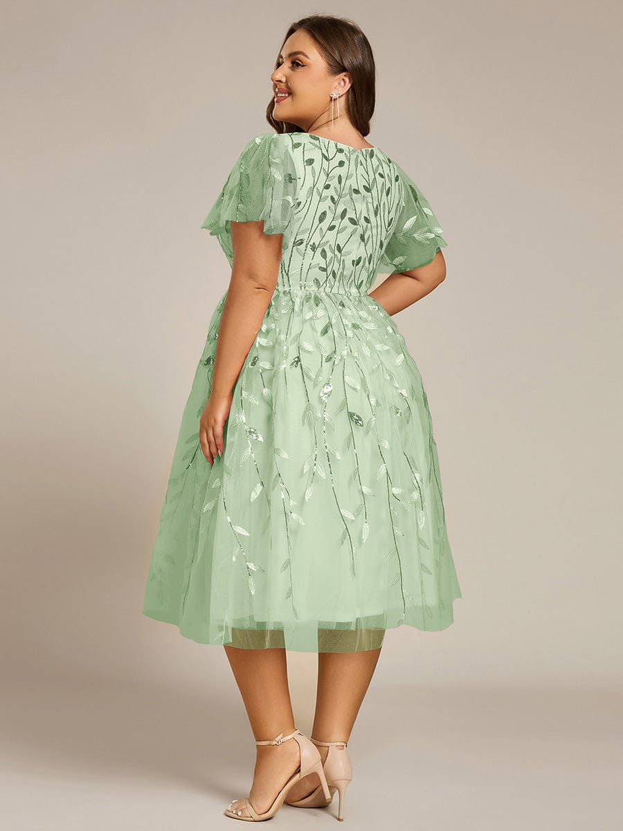 pretty SIMONE|Plus Size Leaf Sequin Tulle Midi Wedding Guest Dress