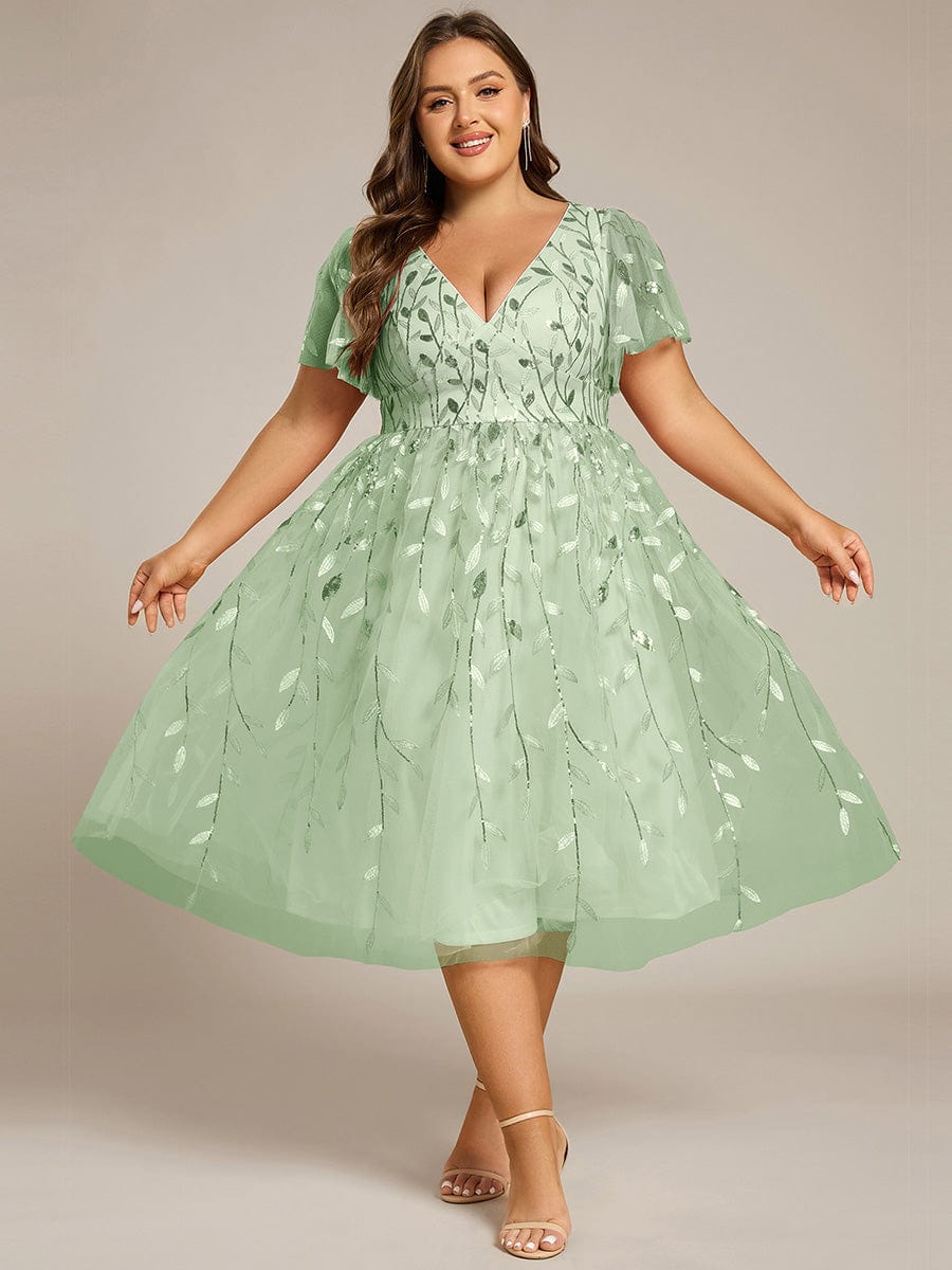 pretty SIMONE|Plus Size Leaf Sequin Tulle Midi Wedding Guest Dress