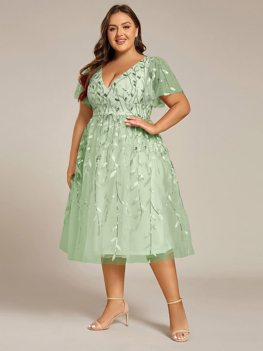 pretty SIMONE|Plus Size Leaf Sequin Tulle Midi Wedding Guest Dress