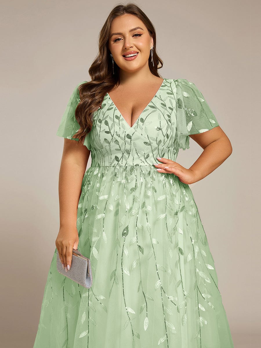 pretty SIMONE|Plus Size Leaf Sequin Tulle Midi Wedding Guest Dress